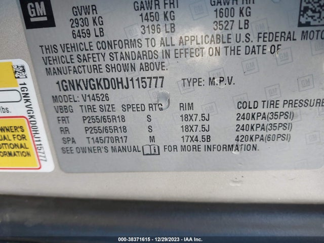 Chevrolet Traverse 1lt 2017 1GNKVGKD0HJ115777 Image 9