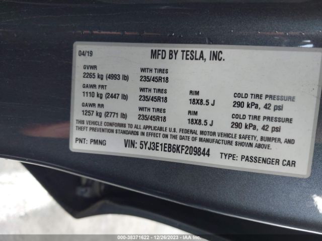 5YJ3E1EB6KF209844 Tesla Model 3 Long Range/performance