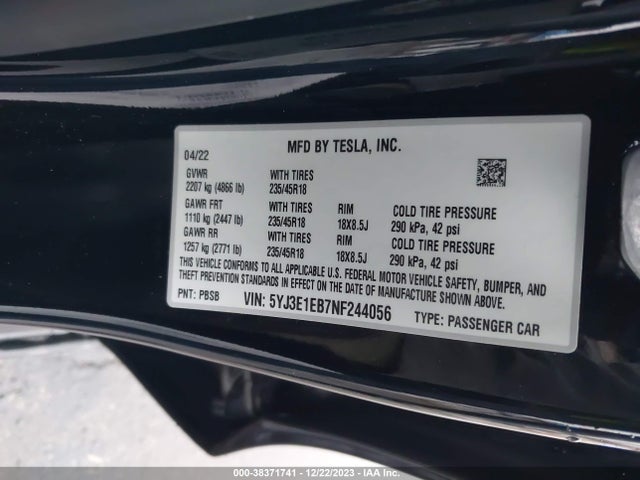 2022 TESLA MODEL 3 5YJ3E1EB7NF244056 Photo 8