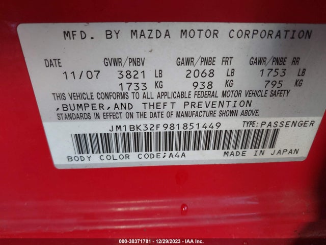 2008 MAZDA MAZDA3 I VIN: JM1BK32F981851449