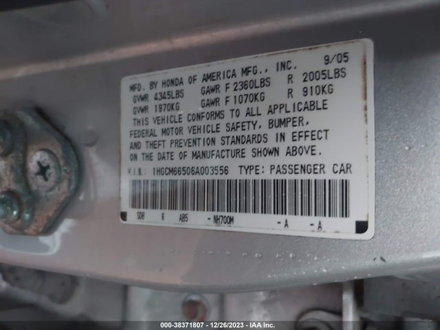 2006 HONDA ACCORD 3.0 EX VIN: 1HGCM66506A003556