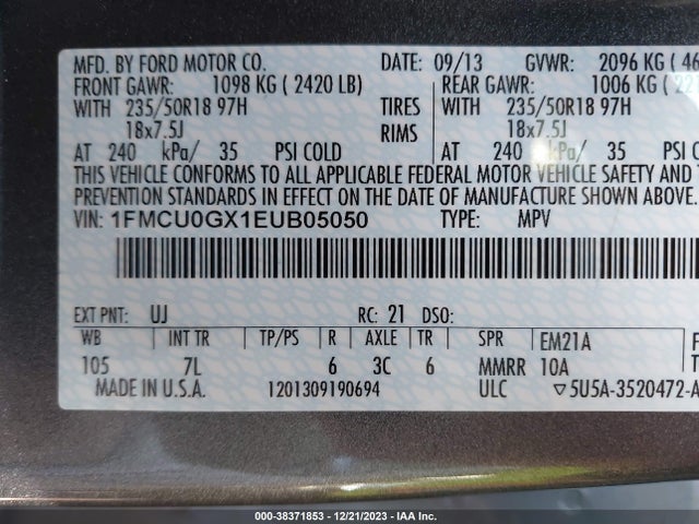 Ford ESCAPE SE 2014 1FMCU0GX1EUB05050 Image 9