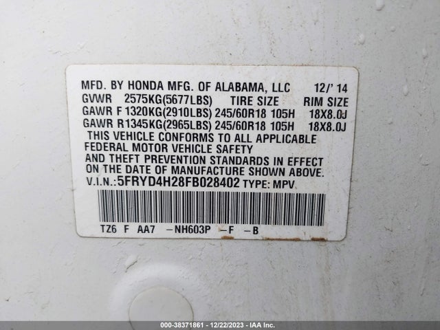 Acura MDX 2015 5FRYD4H28FB028402 Image 9