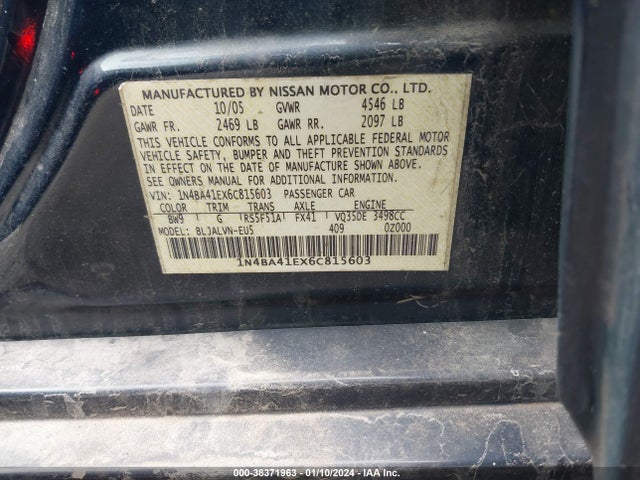 2006 NISSAN MAXIMA 3.5 SE VIN: 1N4BA41EX6C815603