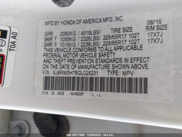 5J6RM3H78GL025231 Honda Cr-v Ex-l