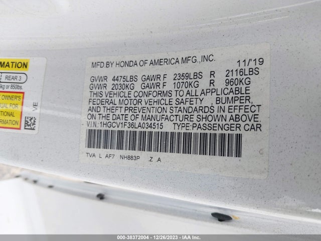 Honda Accord Sport 2020 1HGCV1F36LA034515 Image 9