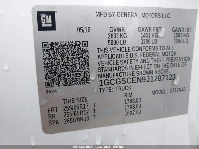 2018 CHEVROLET COLORADO LT VIN: 1GCGSCEN9J1287123