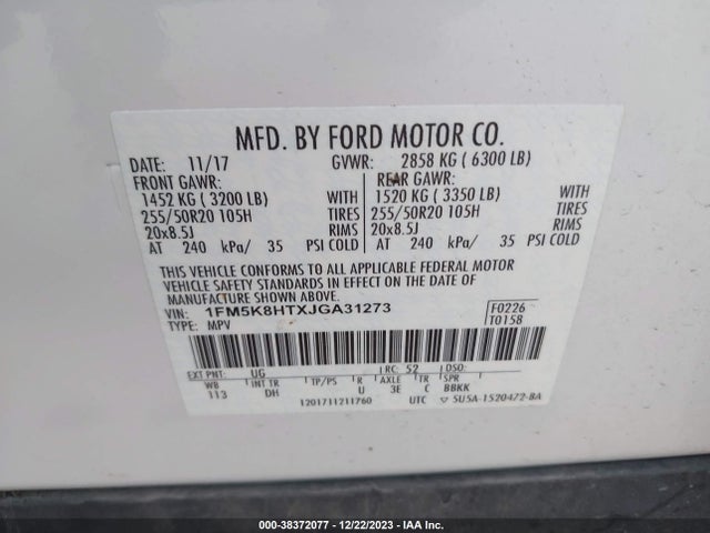 2018 FORD EXPLORER PLATINUM VIN: 1FM5K8HTXJGA31273