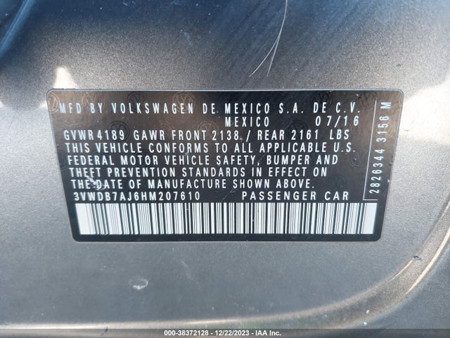 2017 VOLKSWAGEN JETTA 1.4T SE VIN: 3VWDB7AJ6HM207610