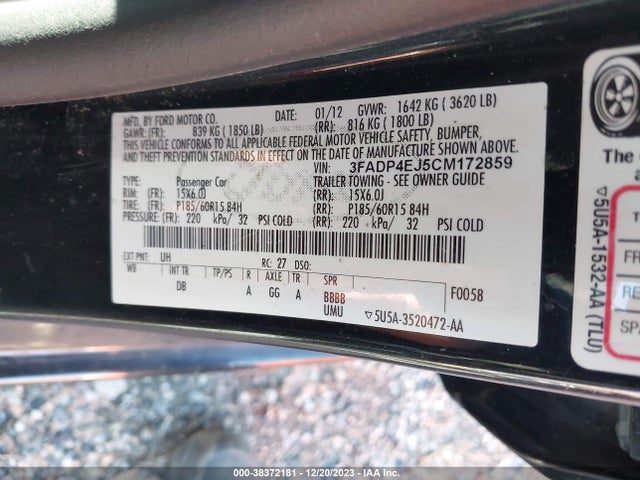 2012 FORD FIESTA SE VIN: 3FADP4EJ5CM172859