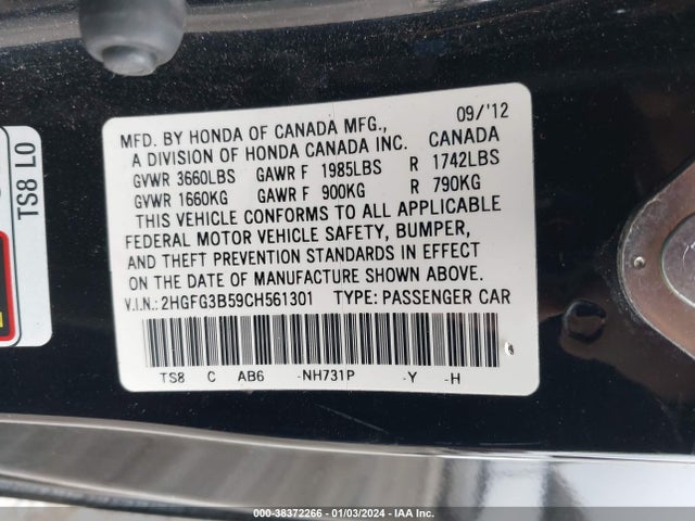 2012 HONDA CIVIC LX VIN: 2HGFG3B59CH561301
