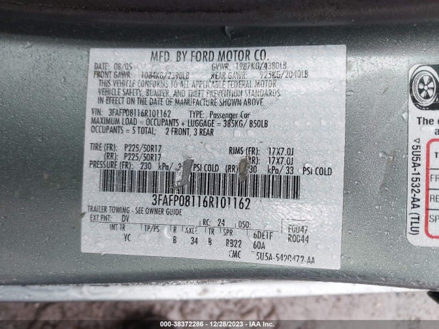 2006 FORD FUSION SEL VIN: 3FAFP08116R101162
