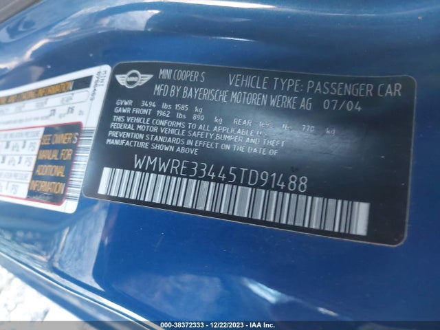 2005 MINI COOPER S WMWRE33445TD91488 Photo 8