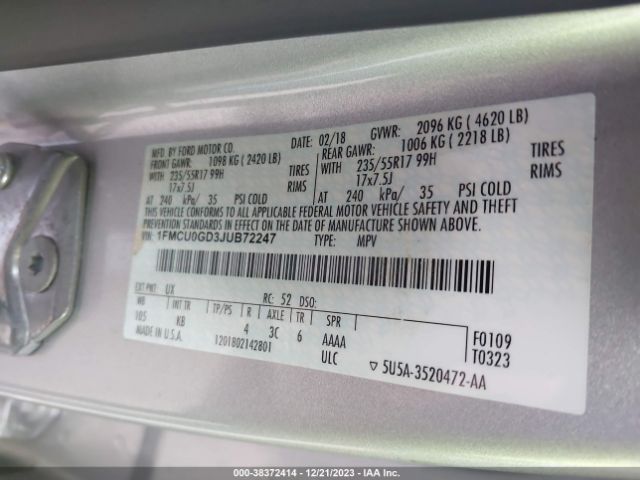 1FMCU0GD3JUB72247 Ford ESCAPE SE