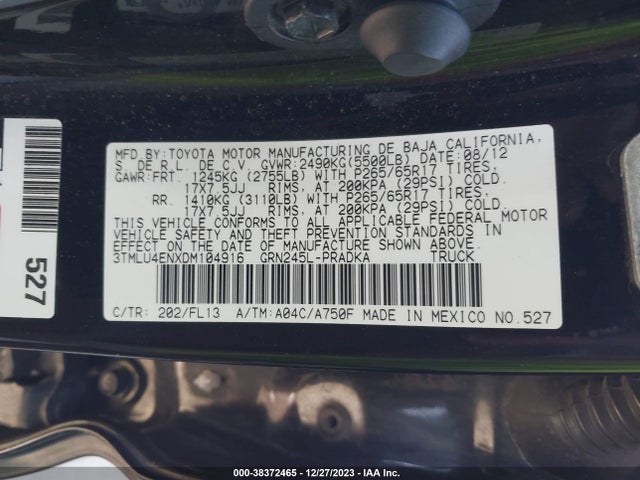 2013 TOYOTA TACOMA BASE V6 VIN: 3TMLU4ENXDM104916