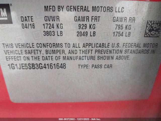 Chevrolet Sonic Ltz Auto 2016 1G1JE5SB3G4161648 Image 9