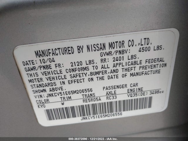 Продажа на аукционе авто 2005 Infiniti G35, vin: JNKCV51E65M206556, номер лота: 38372590