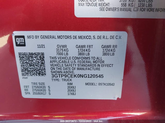 2022 GMC SIERRA 1500 LIMITED 4WD SHORT BOX ELEVATION VIN: 3GTP9CEK0NG120545