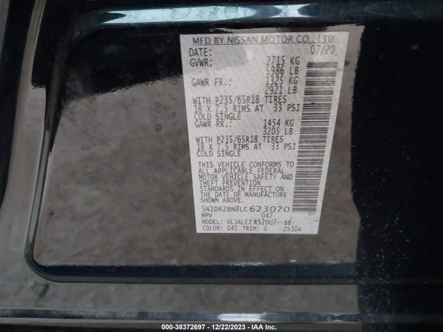 2020 NISSAN PATHFINDER SV 2WD VIN: 5N1DR2BN8LC623070