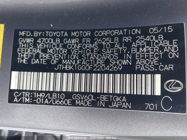 JTHBK1GG0F2204269 Lexus ES 350