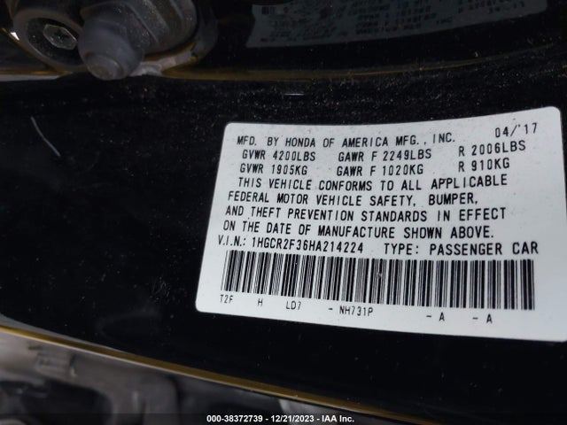 Honda ACCORD LX 2017 1HGCR2F36HA214224 Image 9