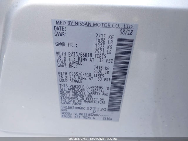 2019 NISSAN PATHFINDER SV VIN: 5N1DR2MM6KC577130