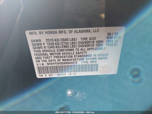 5FNYF5H55KB044272 Honda Pilot Ex-l