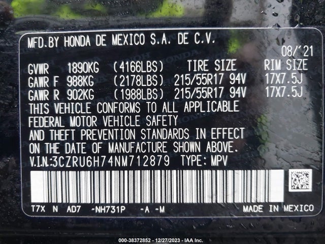 2022 HONDA HR-V AWD EX-L VIN: 3CZRU6H74NM712879