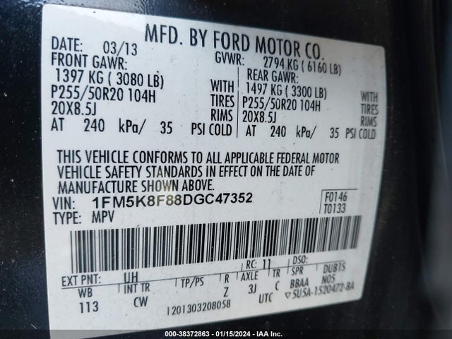 2013 FORD EXPLORER LIMITED VIN: 1FM5K8F88DGC47352