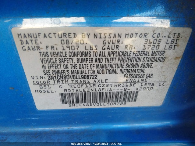 Nissan Versa S Xtronic Cvt 2020 3N1CN8DV0LL908722 Image 9