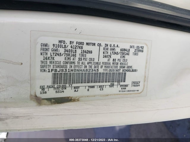 1992 FORD ECONOLINE E350 SUPER DUTY VIN: 1FBJS31H0NHA82345