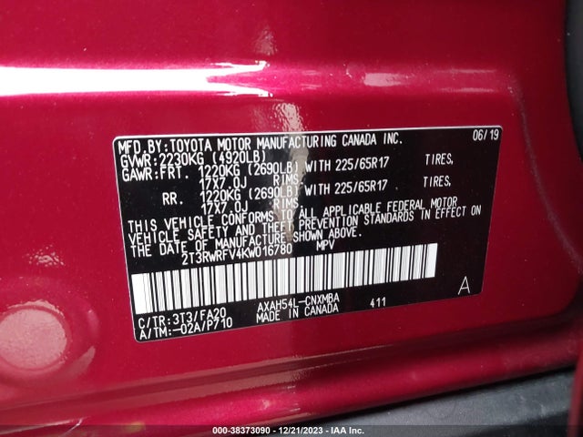 2019 TOYOTA RAV4 HYBRID XLE VIN: 2T3RWRFV4KW016780