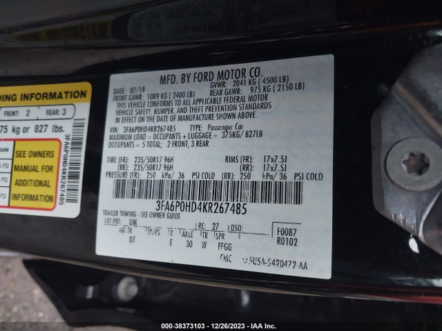 Ford FUSION SE 2019 3FA6P0HD4KR267485 Image 9