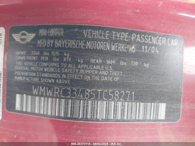 2005 MINI COOPER WMWRC33485TC58271 Photo 8
