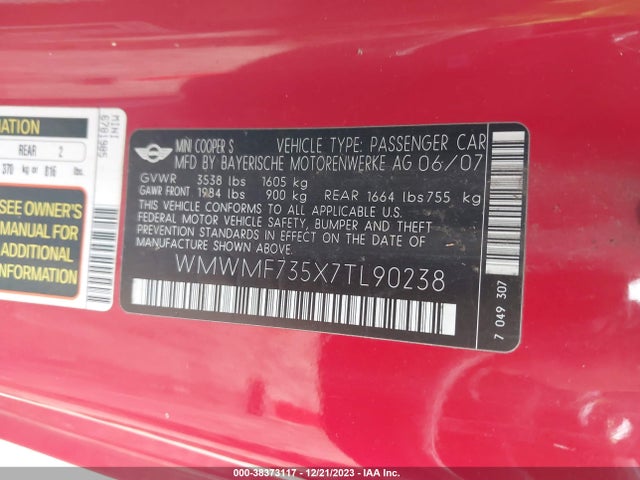 2007 MINI COOPER S WMWMF735X7TL90238 Photo 8