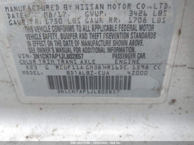 3N1CN7AP1JL802857 Nissan Versa 1.6 Sv