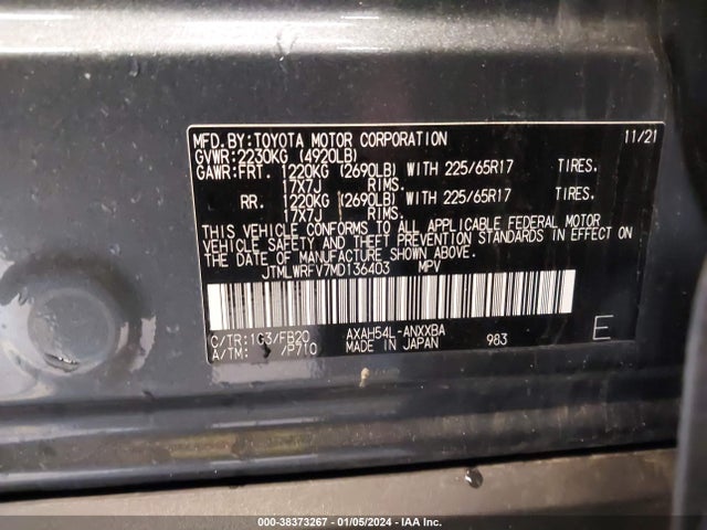 2021 TOYOTA RAV4 LE HYBRID VIN: JTMLWRFV7MD136403