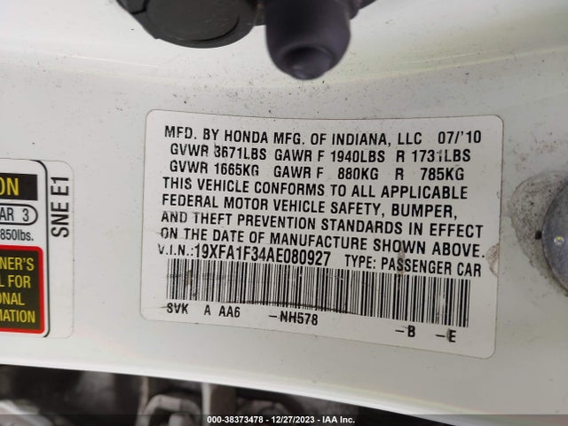2010 HONDA CIVIC VP VIN: 19XFA1F34AE080927
