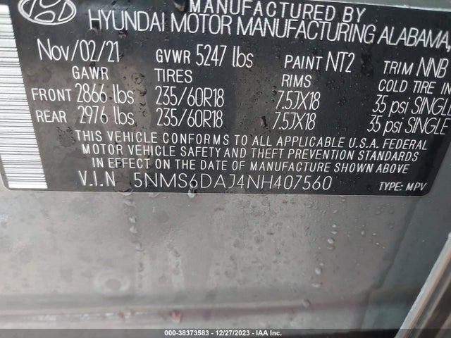 2022 HYUNDAI SANTA FE XRT VIN: 5NMS6DAJ4NH407560