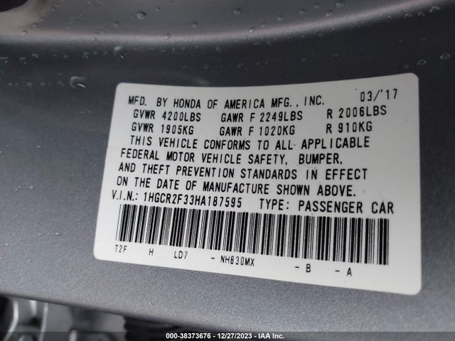 Honda ACCORD LX 2017 1HGCR2F33HA187595 Image 9