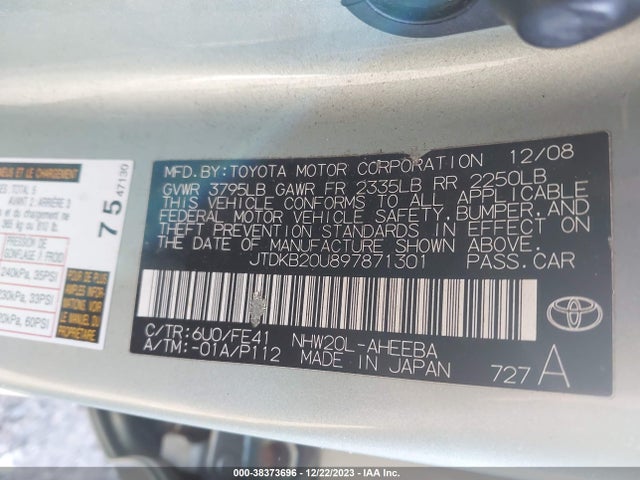 2009 TOYOTA PRIUS VIN: JTDKB20U897871301