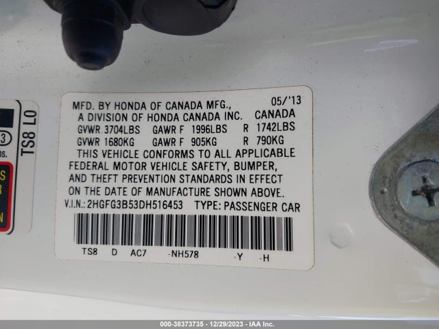 2013 HONDA CIVIC LX VIN: 2HGFG3B53DH516453