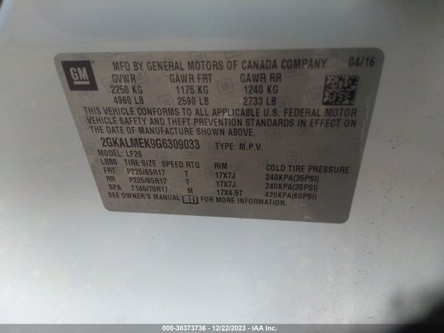 GMC Terrain Sle-1 2016 2GKALMEK9G6309033 Image 9