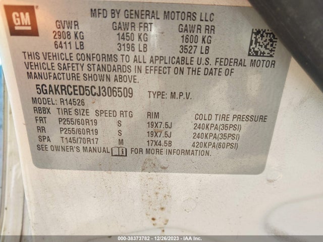 2012 BUICK ENCLAVE VIN: 5GAKRCED5CJ306509