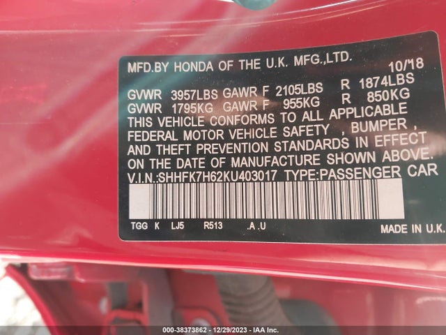 Honda CIVIC EX 2019 SHHFK7H62KU403017 Image 9
