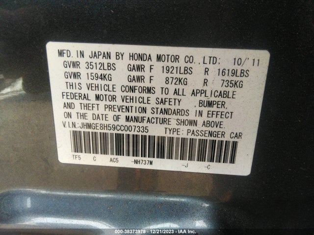 2012 HONDA FIT SPORT VIN: JHMGE8H59CC007335