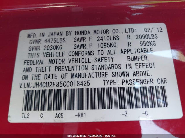 2012 ACURA TSX 2.4 VIN: JH4CU2F85CC018425