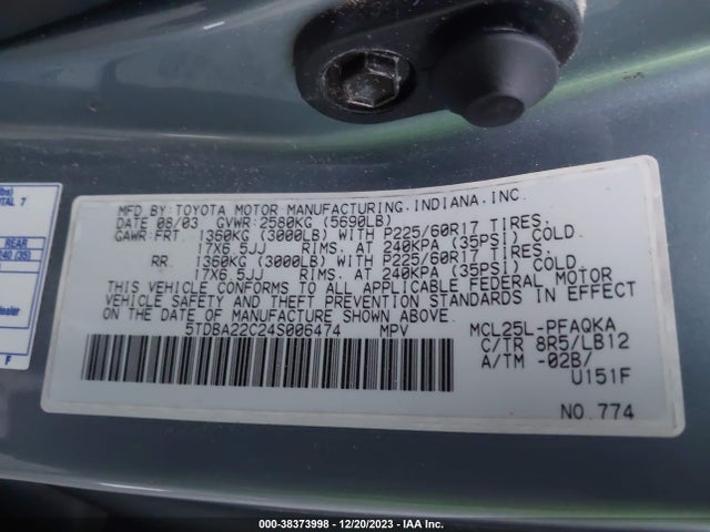 2004 TOYOTA SIENNA XLE LIMITED VIN: 5TDBA22C24S006474