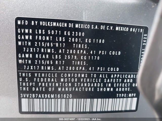 2019 VOLKSWAGEN TIGUAN 2.0T SE/2.0T SEL/2.0T SEL R-LINE/2.0T SEL R-LINE BLACK VIN: 3VV2B7AX9KM161620