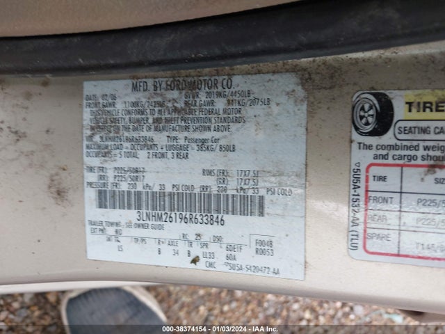 2006 LINCOLN ZEPHYR VIN: 3LNHM26196R633846